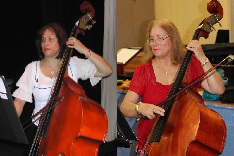 a composite image of two pictures of the same woman playing double bass - one from this year and one from 2006.