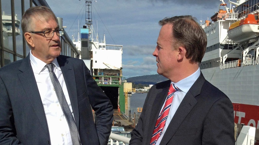 Rene Hidding and Premier Will Hodgman next to the Spirit of Tasmania