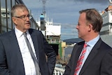 Tasmanian Infrastructure Minister Rene Hidding and Premier Will Hodgman next to the Spirit of Tasmania.