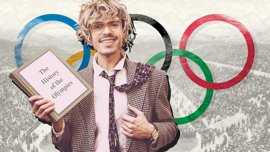 Smiling Jack dressed as a 70s academic holds a book titled 'History of Olympics'. Olympic rings and stadium in the background.