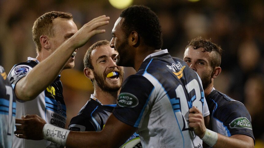Tomane celebrates Brumbies try against Chiefs