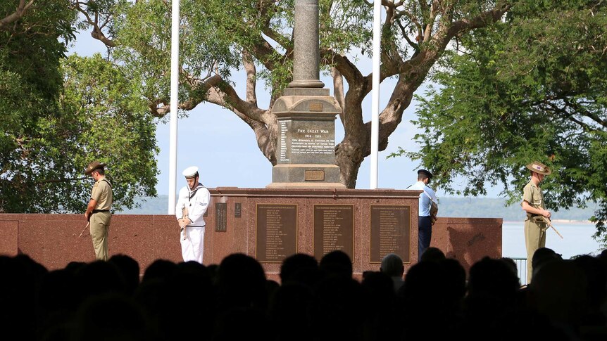 Members of the different armed services perform at the Cenotaph during the Bombing of Darwin 74th anniversary service.