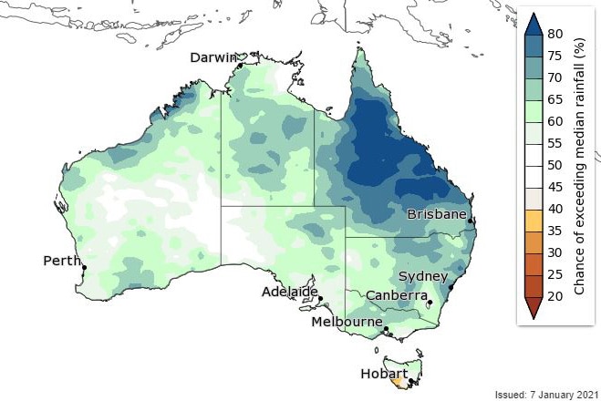 A map of Australia showing colour-coded areas in terms of expected rainfall.