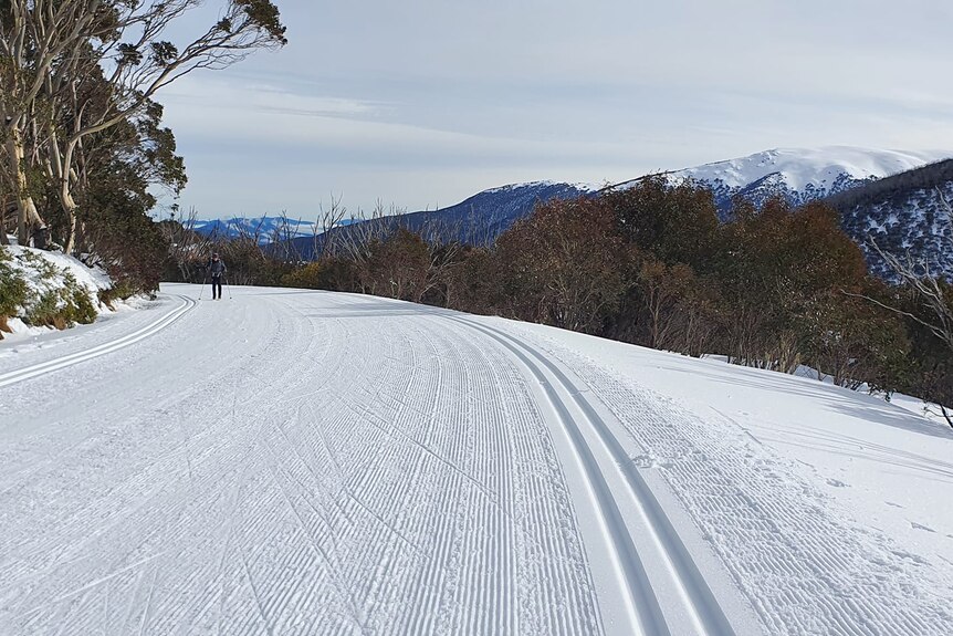 A snowy road with a cross country skier in the background and alpine mountains in the distance 