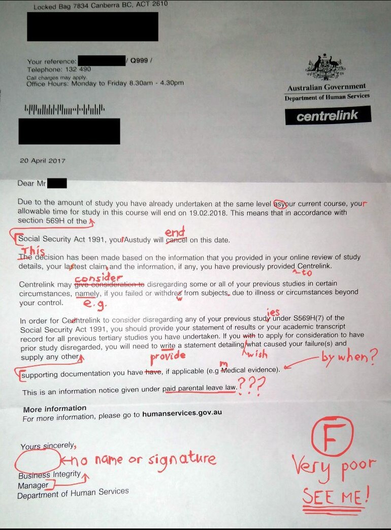 Centrelink apologises over letter which cited wrong law, misspelled