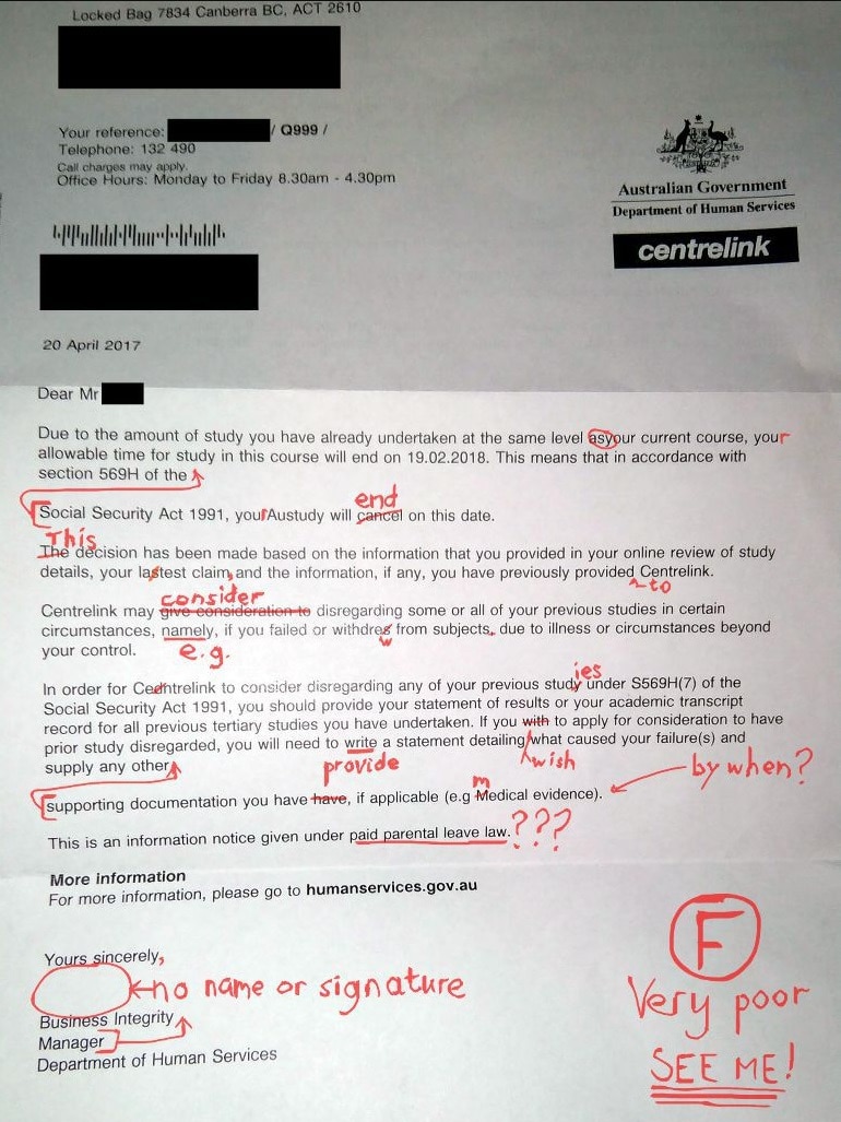 centrelink-apologises-over-letter-which-cited-wrong-law-misspelled