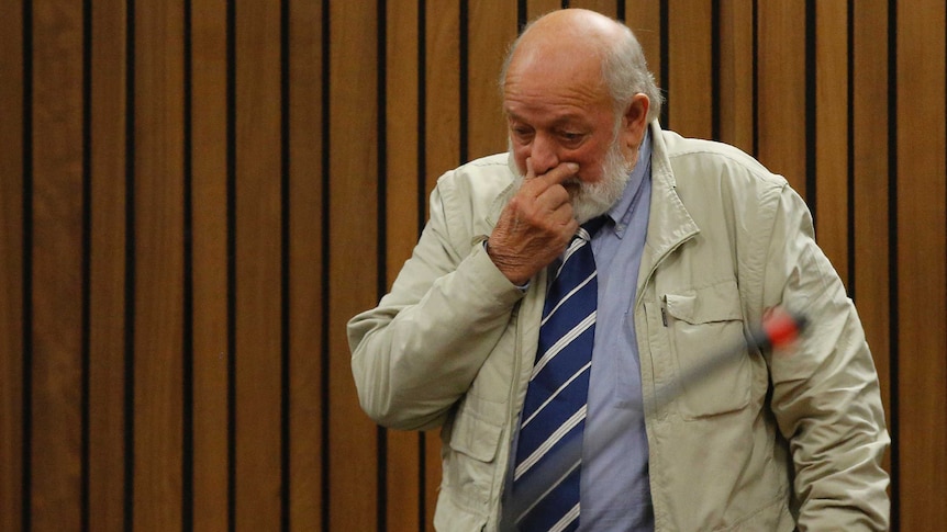 Barry Steenkamp, father of late Reeva Steenkamp, gestures as he testifies at the Pretoria High Court on June 14, 2016.