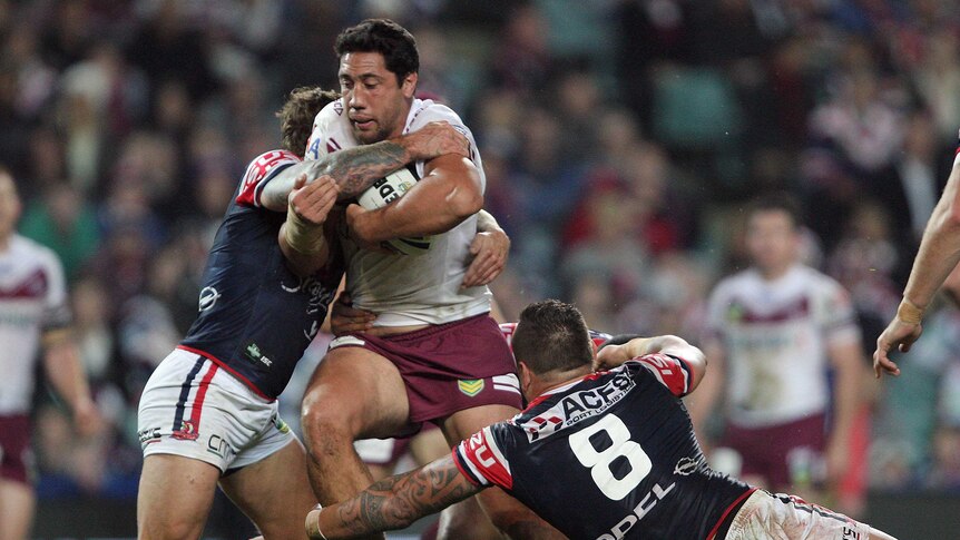 Brent Kite (C) in action for Manly against Sydney Roosters in round 16, 2013.
