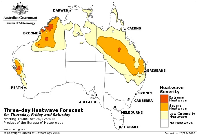 Map showing predicted heatwave across Australia for Thursday, Friday and Saturday - 3 days starting December 20, 2018.