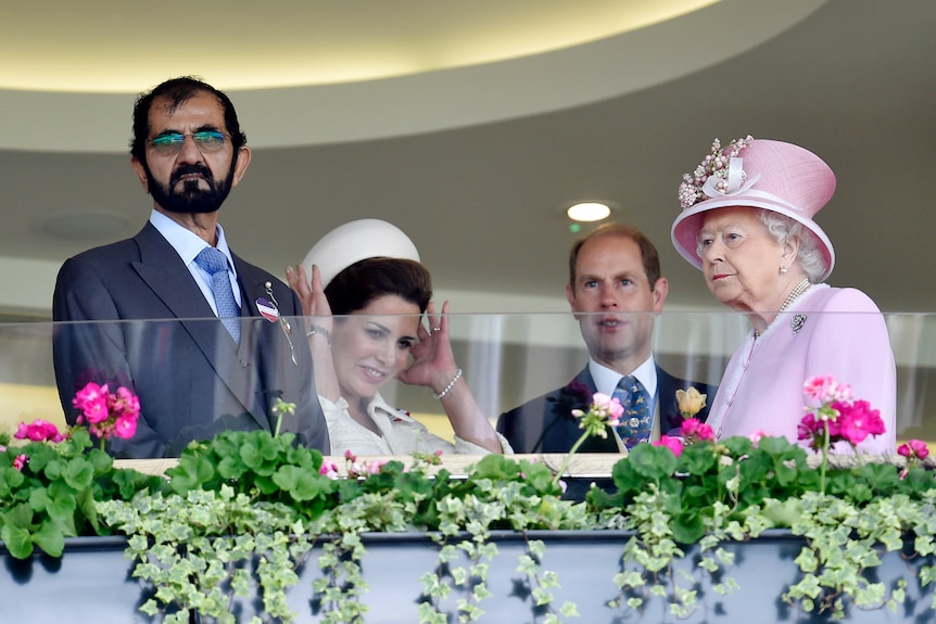 Sheikh Mohammed bin Rashid Al Maktoum, Princess of Jordan Haya bint Hussein, Britain's Prince Edward and Queen Elizabeth.
