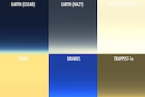 eight rectangles of different colours showing colours of sunsets from a simulation of different worlds