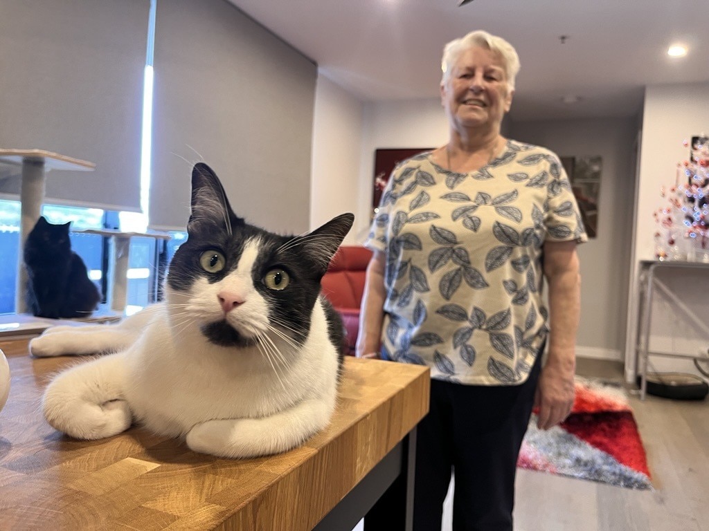 Uma mulher de cabelos brancos sorrindo dentro de casa perto de um gato.