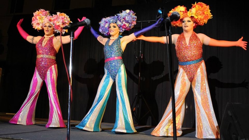 Performers Philmah Bocks, Art Simone and Jemima Handful on stage at the Broken Heel festival