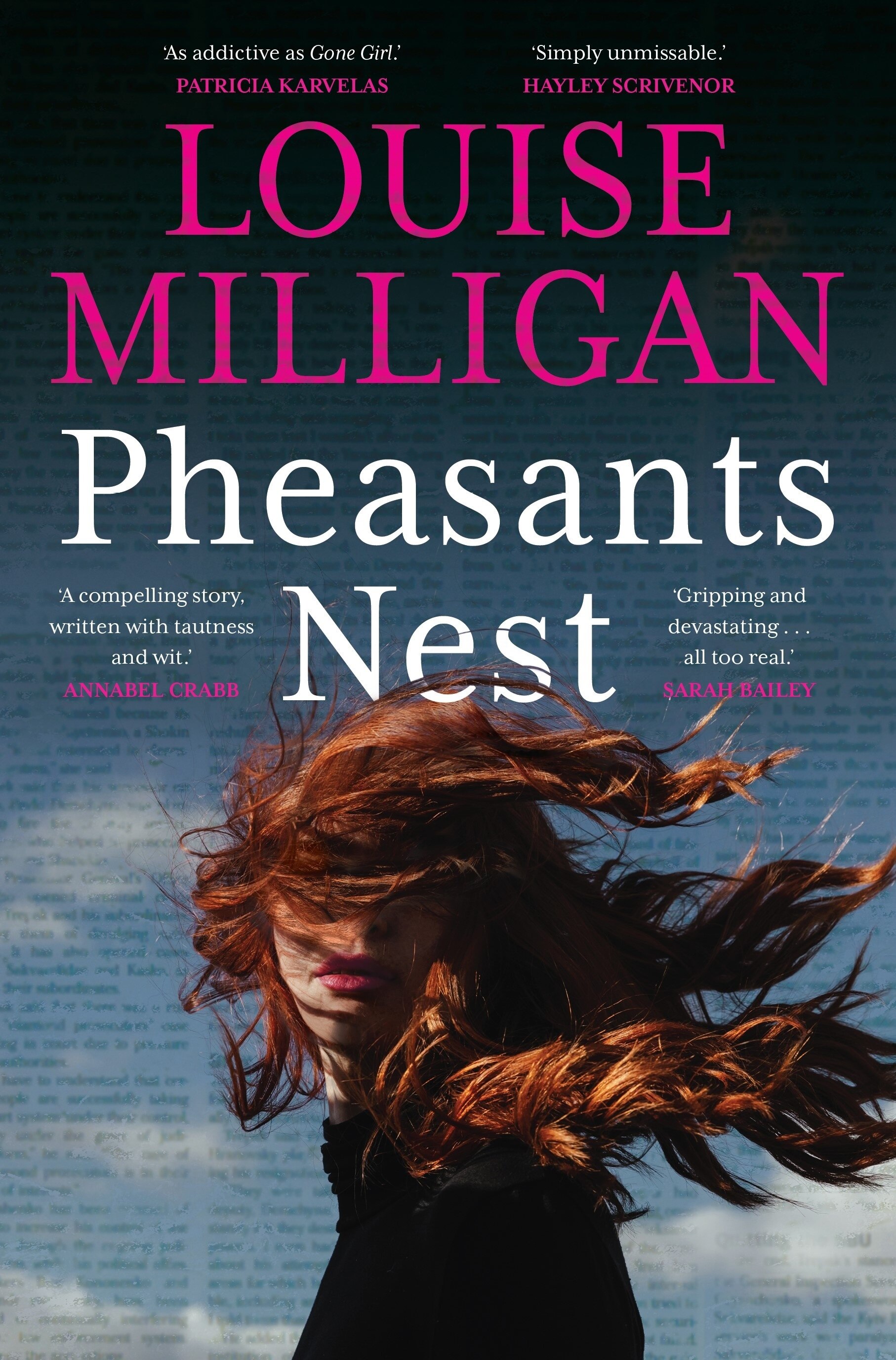 A book cover showing a woman obscured by her long, windswept red hair against a blue background.