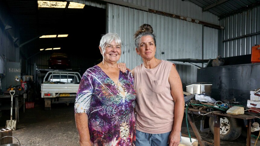 Val Schache and her daughter Suzie Melchior at their flood-affected family property.