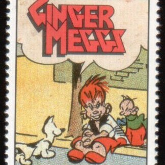 drawing of comic character Ginger Meggs - sitting on a door step with his dog