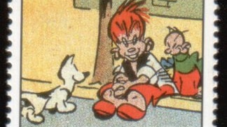 drawing of comic character Ginger Meggs - sitting on a door step with his dog