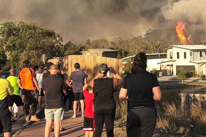 A crowd of residents in a street watch a bushfire raging behind Peregian Springs houses.