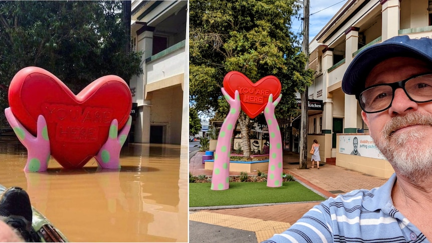 Sculpture of loveheart in outstretched hands surrounded by floodwater. Second image of man posing in front of sculpture.