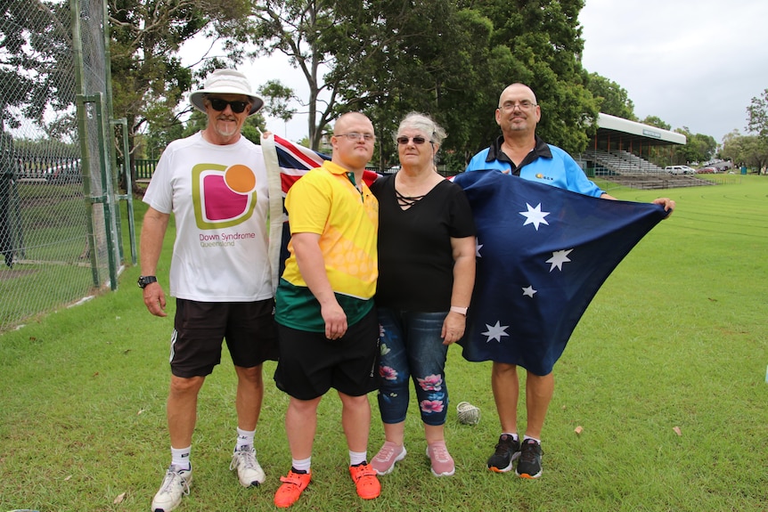 Andre Rivett and his team, inlcuding coach Brett Green and mum Christine and dad Steve before flying out to Turkey for the Trisome Games (Jessica Stewart, ABC News)