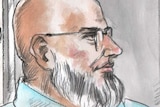 A court sketch showing a men with beards and glasses sitting in a courtroom