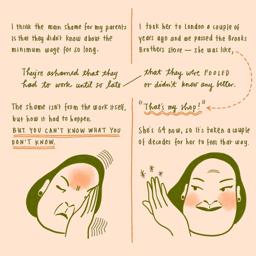 A page from an illustrated book shows an older Vietnamese woman expressing disappointment and pride.