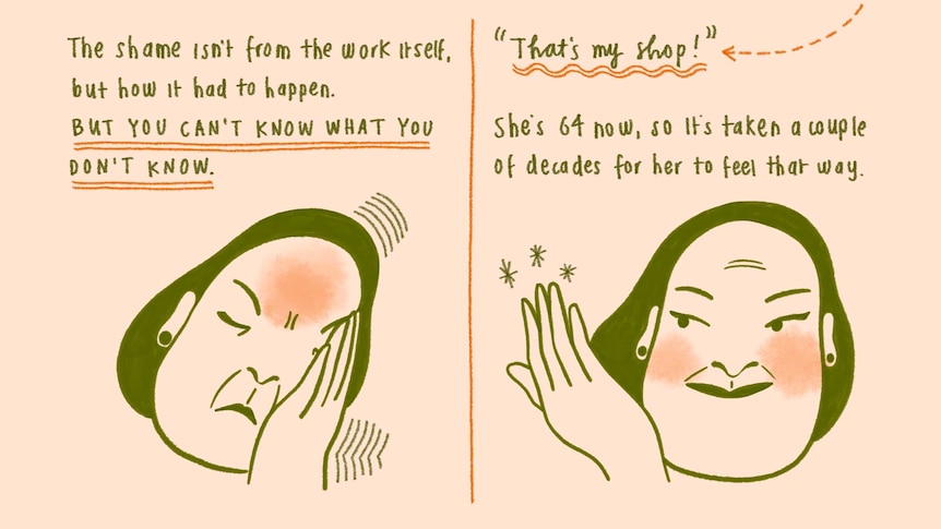 A page from an illustrated book shows an older Vietnamese woman expressing disappointment and pride.