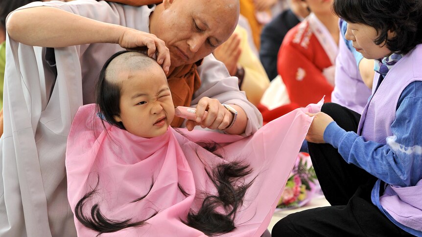 Boy gets his head shaved during a 'Children Becoming Buddhist monks' ceremony in South Korea.