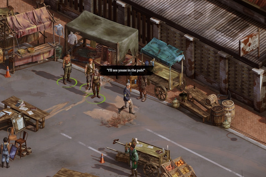 Game characters gathered on a busy street as one runs past with a dialogue box reading, "I'll see youse in the pub".