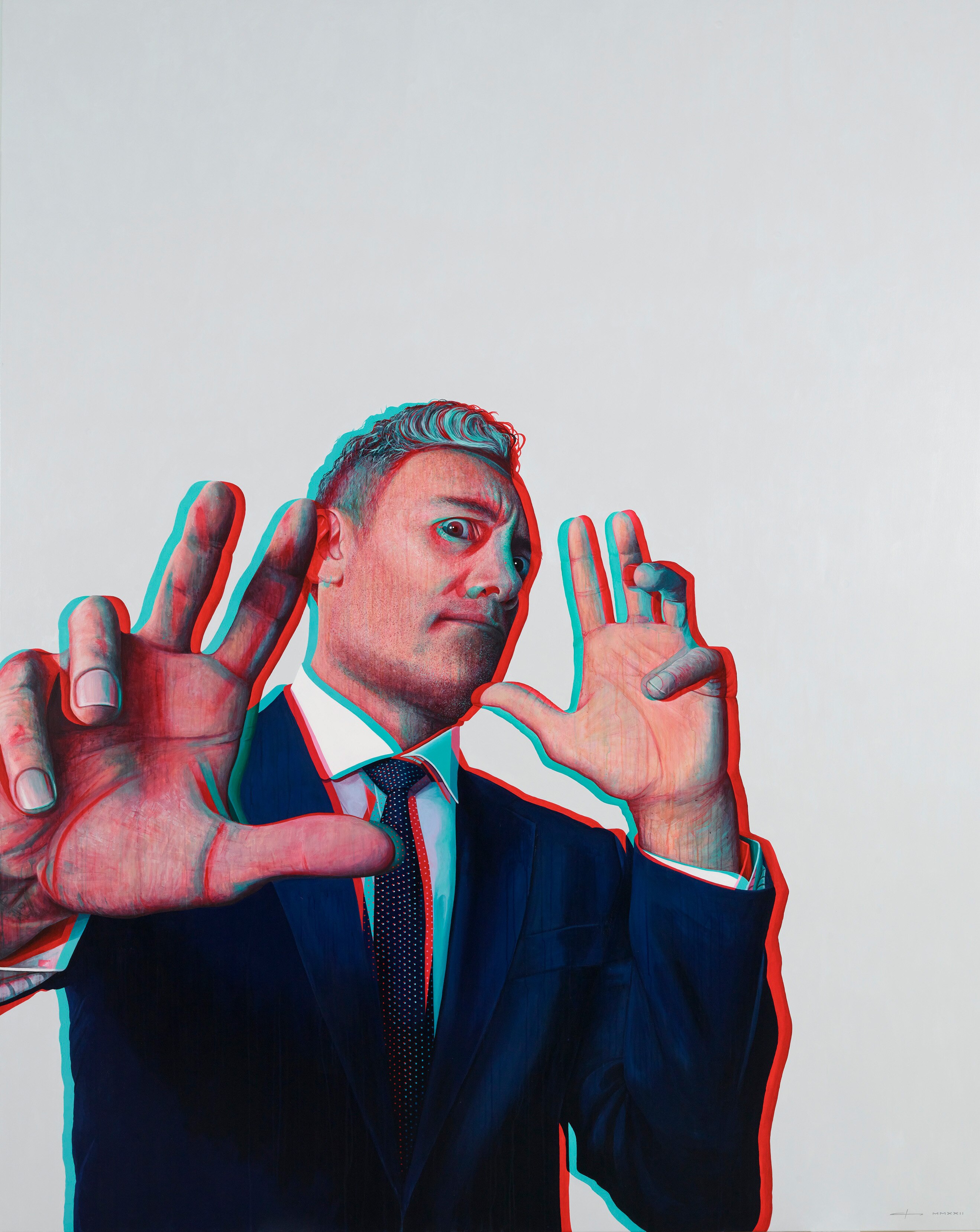 Portrait of Taika Waititi, a grey-haired man in a navy suit with hands held up to his face portrayed in a 3D glasses art style.