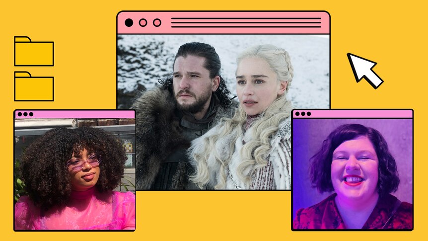 Photos of Yasmin Jeffery, Jon Snow, Daenerys Targaryen and Evie Dwyer stylised into internet browser borders.