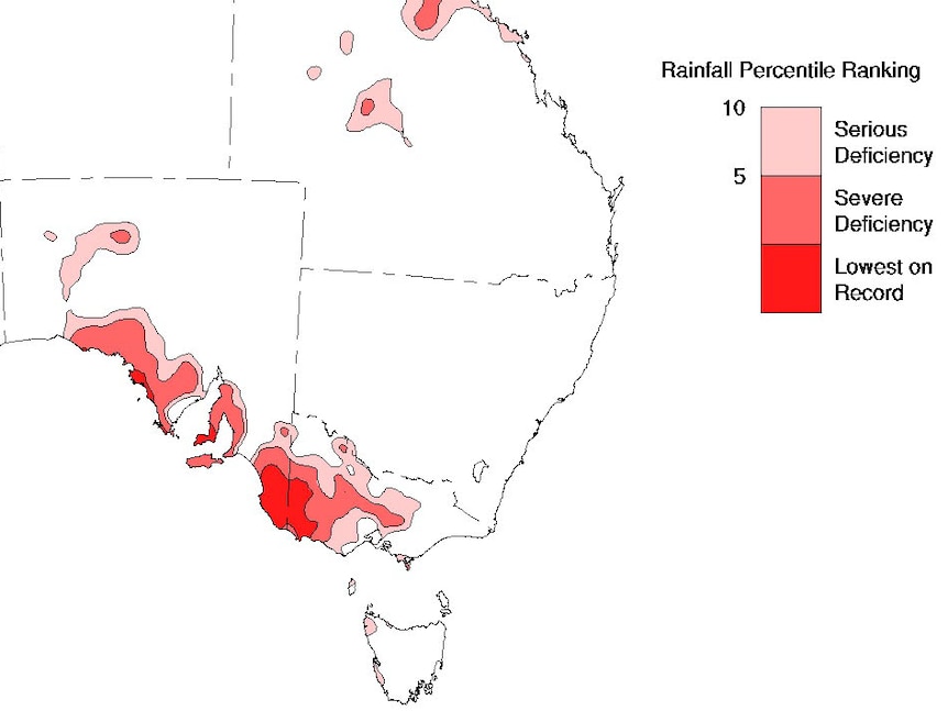 Rainfall deficiencies map of southern Australia