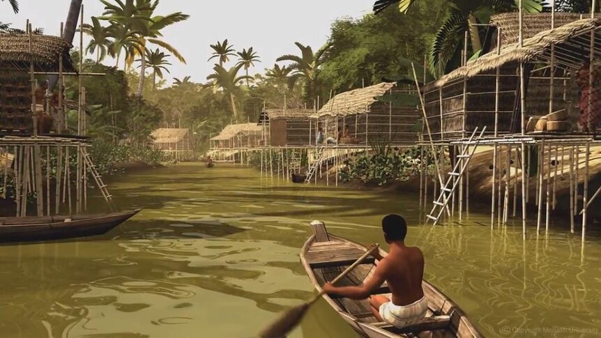 Computer-generated image of man paddles boat along river, surrounded by wooden houses