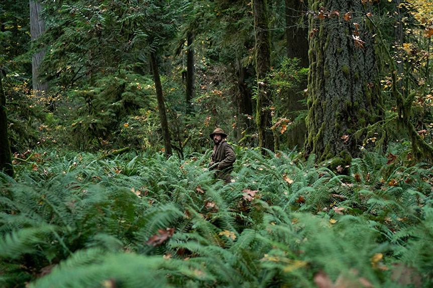 Film still of John Magaro as Cookie alone in the woods in First Cow