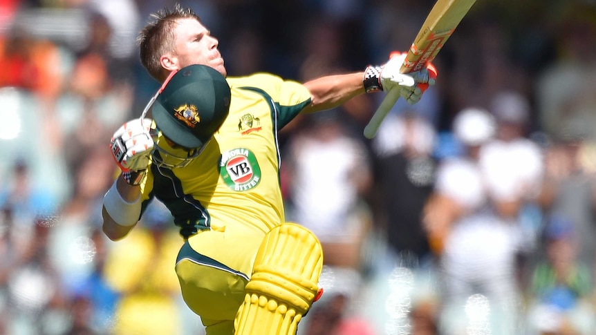 Australia's David Warner celebrates a century against Pakistan in the fifth ODI at Adelaide Oval.