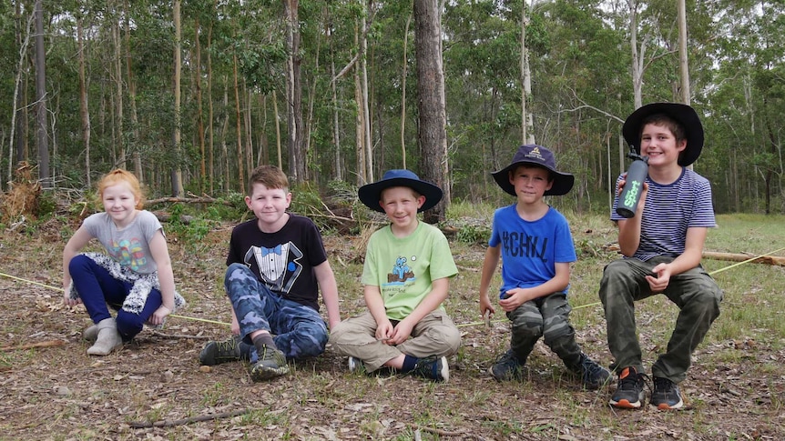 A group of students sit on a balance line among trees.