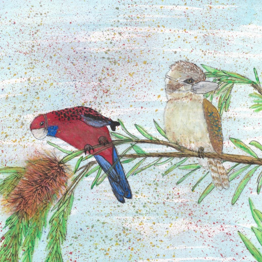 A drawing of a Rosella bird wearing a face mask and a kookaburra sitting on a tree next to it
