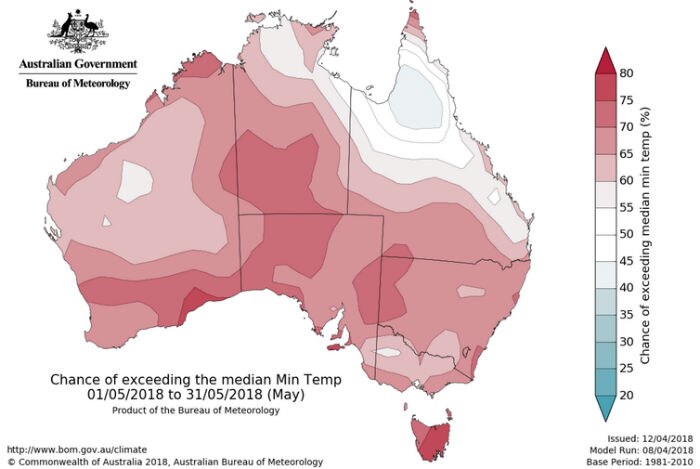 Map showing the chance of exceeding the median minimum temperate in May