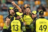 Mitchell Starc is hugged by teammates