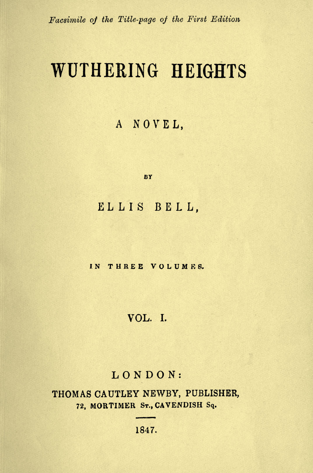 La portada de la primera edición de Cumbres borrascosas de Emily Brontë, 1847.