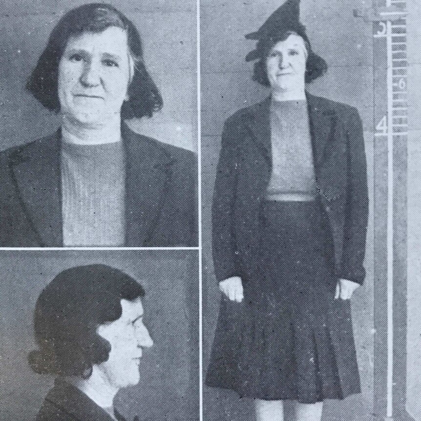 Black and white police photos of middle aged woman, one close, one profile and one next to a ruler showing her height.
