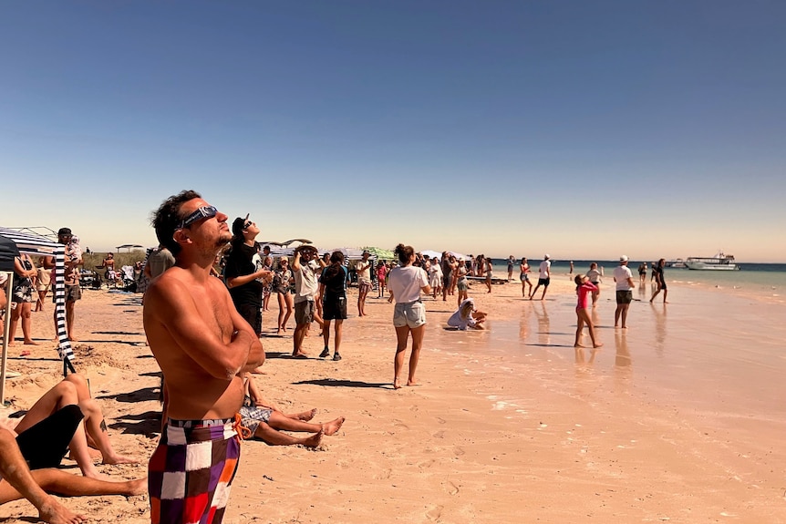 A crowd of people standing on a beach and staring up at the sky.