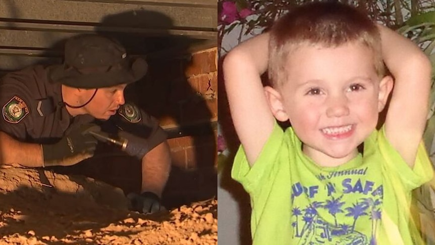 a man searching through sand under a house and a little boy smiling