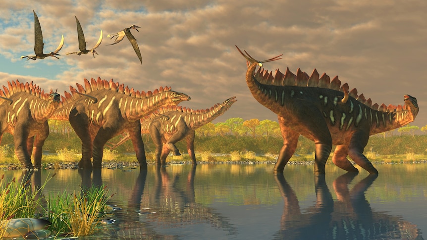 An illustration of four Miragaia dinosaurs walking through a marsh as three Dorygnathus pterosaurs fly overhead.