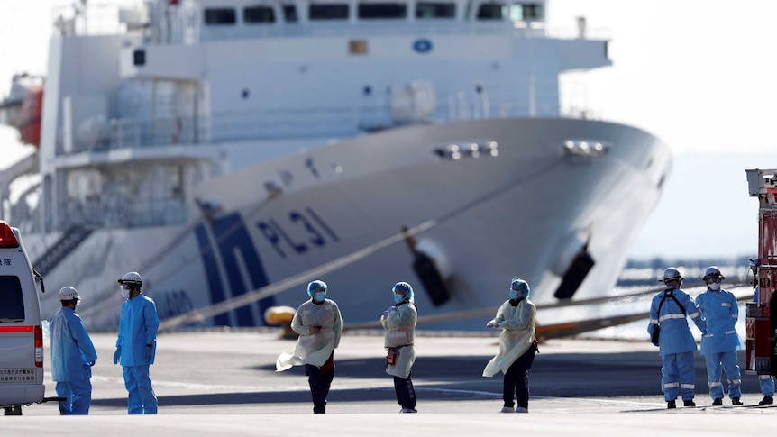 Medical staff in scrubs standing on the dock in front of a huge cruise ship