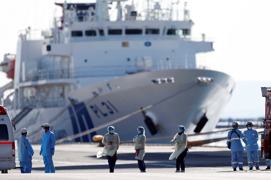 Medical staff in scrubs standing on the dock in front of a huge cruise ship