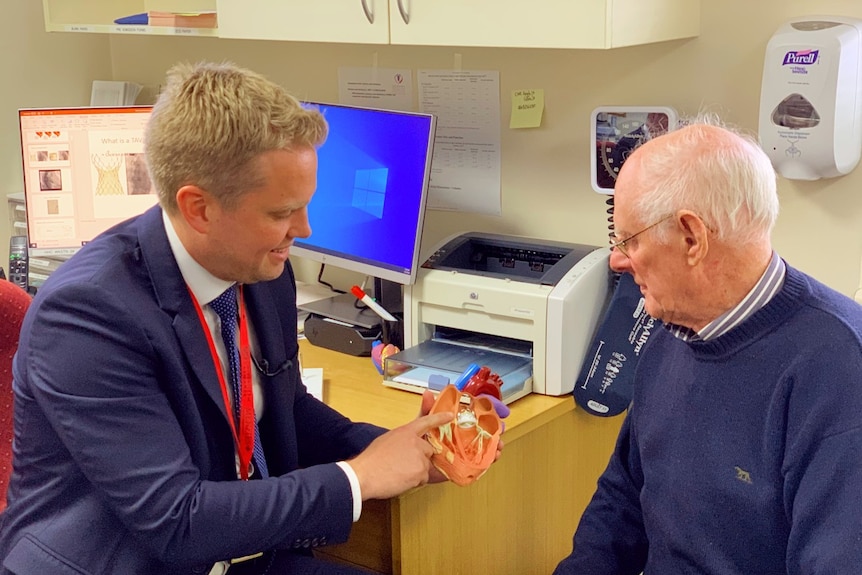 A doctor shows a patient a model of a heart