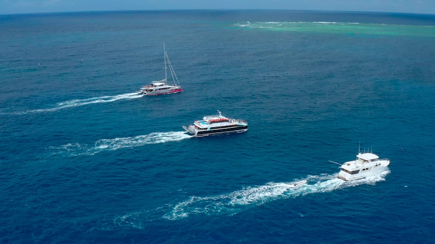Three boats, seen from above, head towards a coral reef.