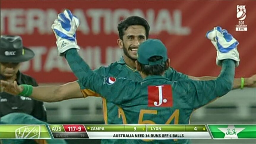 TV still of Pakistan celebrating win over Australia
