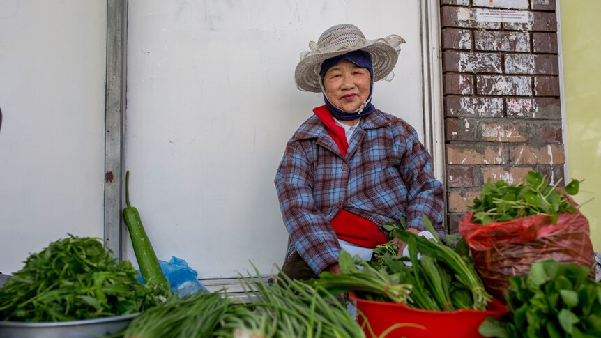 Vietnamese woman Tem Ho selling her home-grown vegetables on the street.